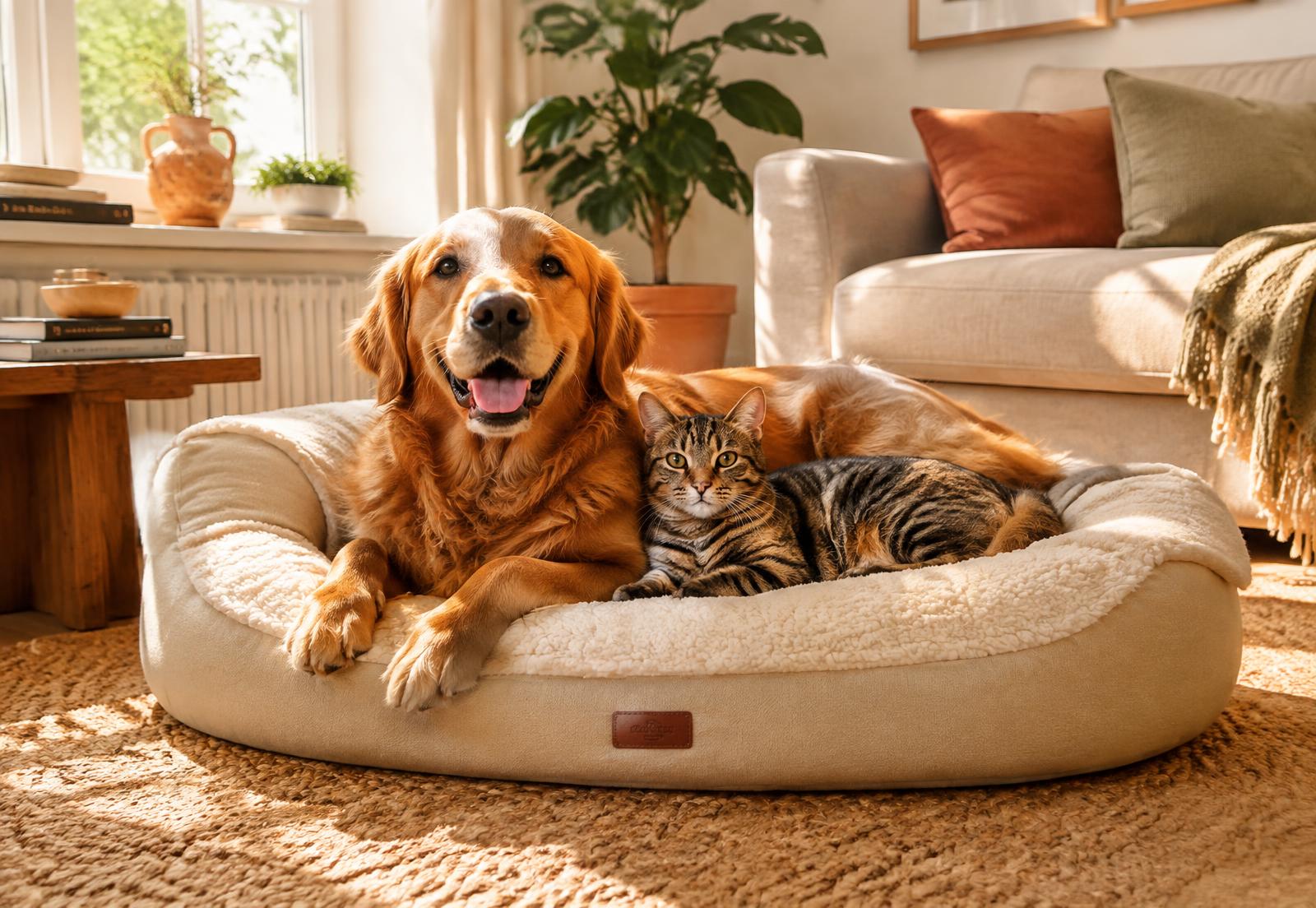 A golden retriever and tabby cat relaxing on a cozy pet bed